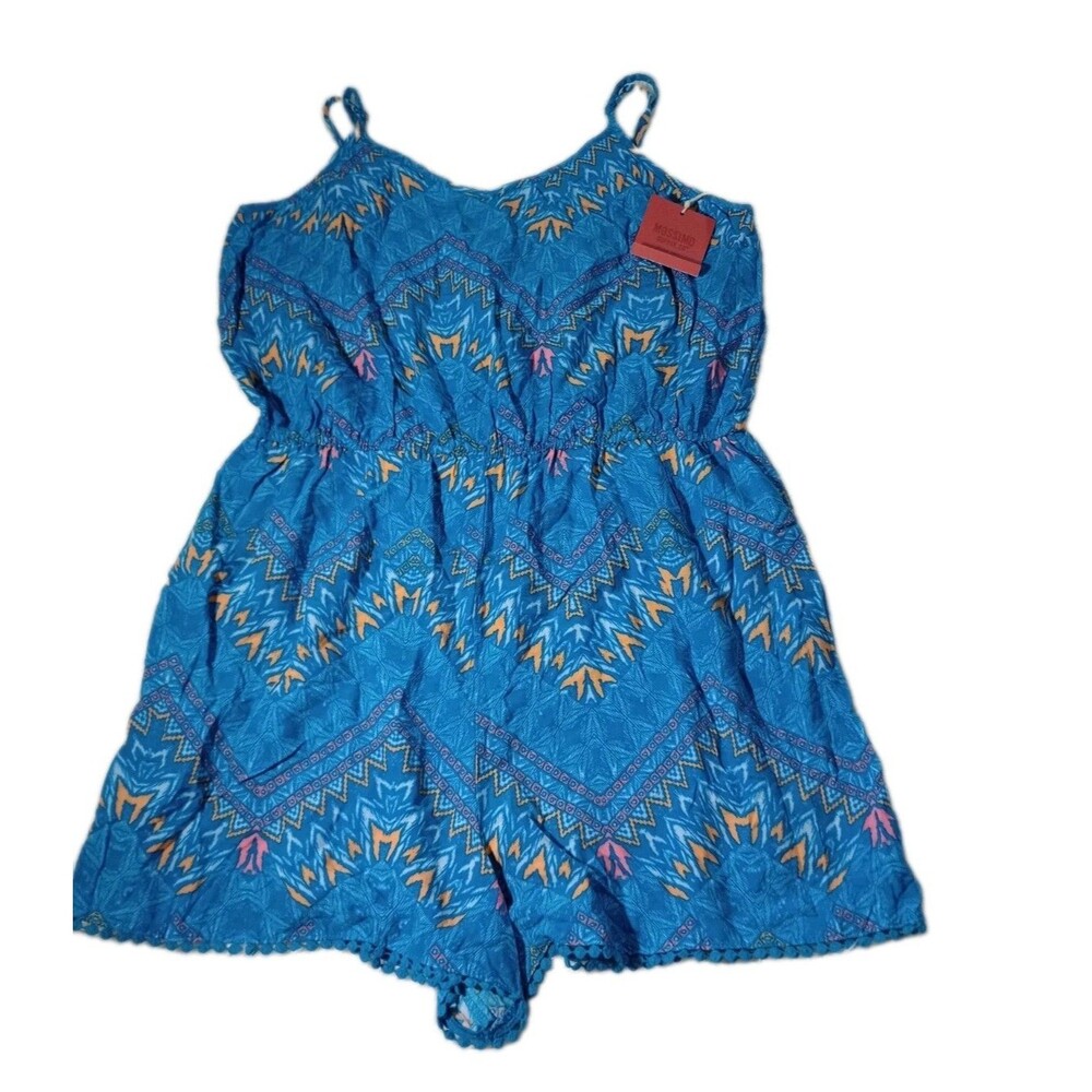 Mossimo Supply Co Romper Womens XL NWT Blue Geometric Tribal Boho Crochet Trim